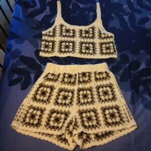 Rebellion Again Crochet Shorts Crop Top Set - Creme / Brown - S